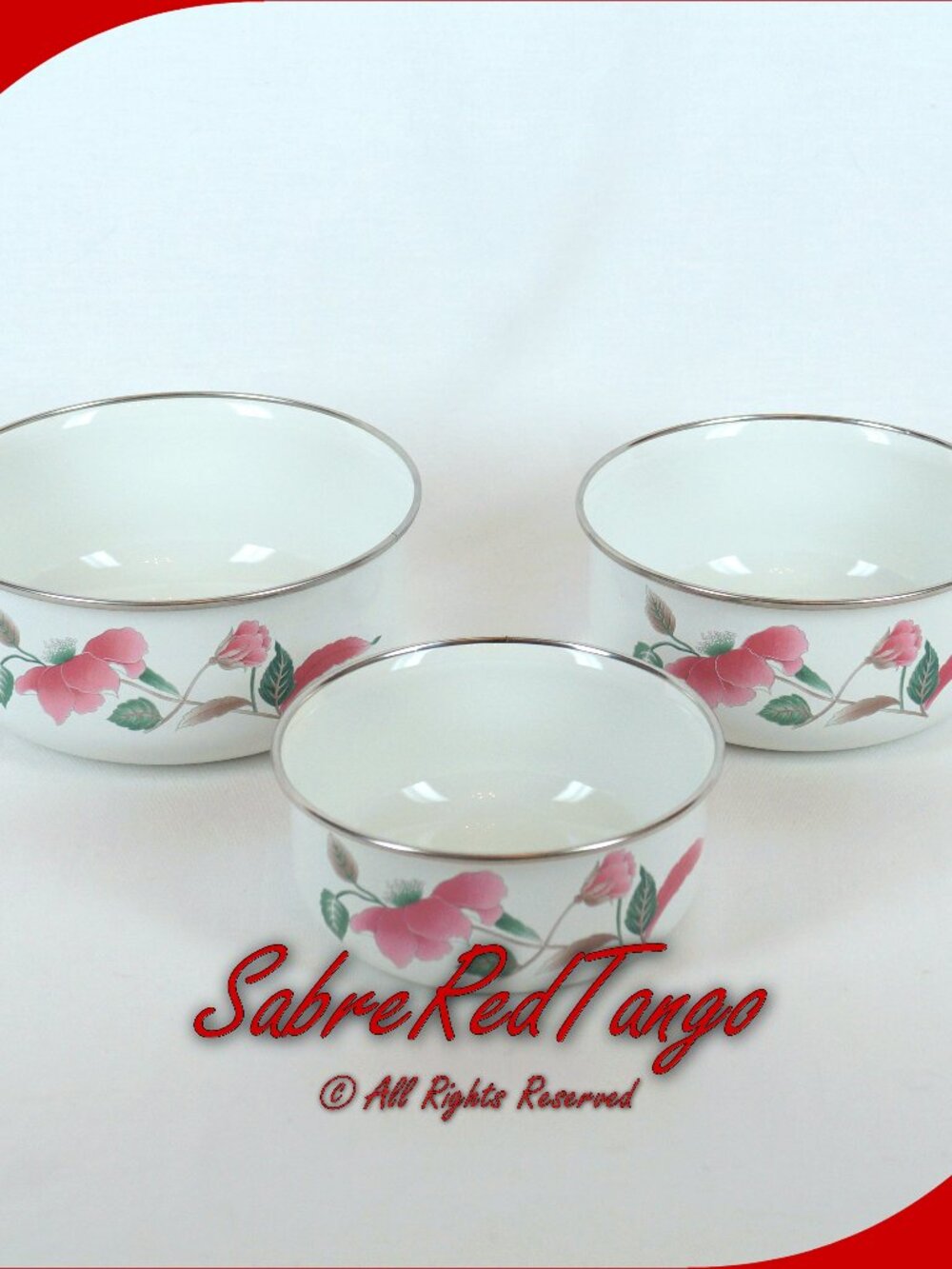 Vintage Mikasa Eljiri Japan Metal Mixing Bowl Set 5" 6" 7" Silk Flowers